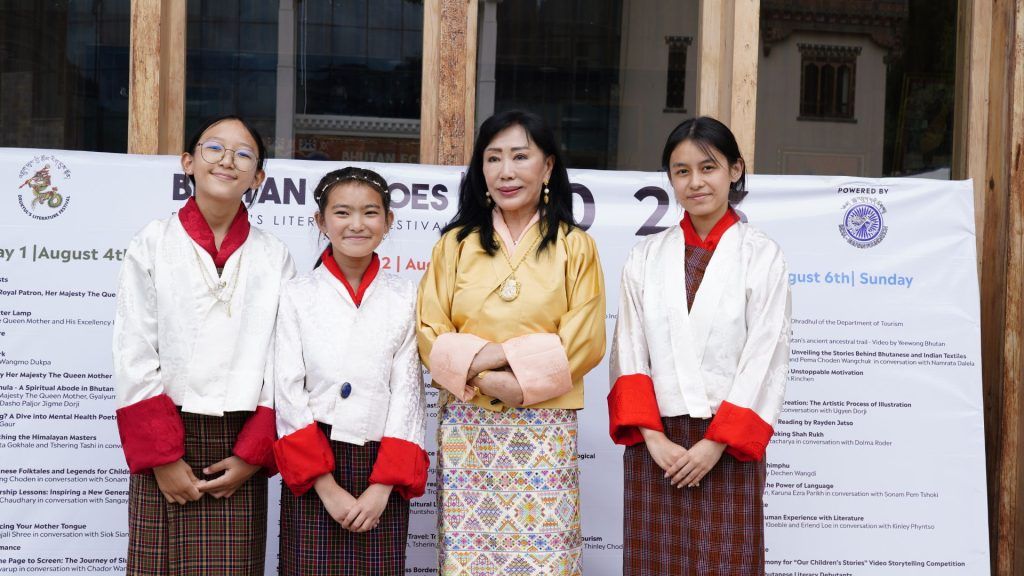 Queen mother with school children of Bhutan Drukyul’s Literature Festival