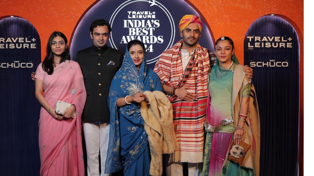 (Left to right) Princess Jayati Kumari, Yuvraj Vivasvat Singh of Karauli and his wife Yuvarani Anshika Singh of Karauli, Maharawal Chaitanya Raj Singh of Jaisalmer and Padmaja Singh Rathore | Image credit: @shrey_gulati/Travel + Leisure India & South Asia