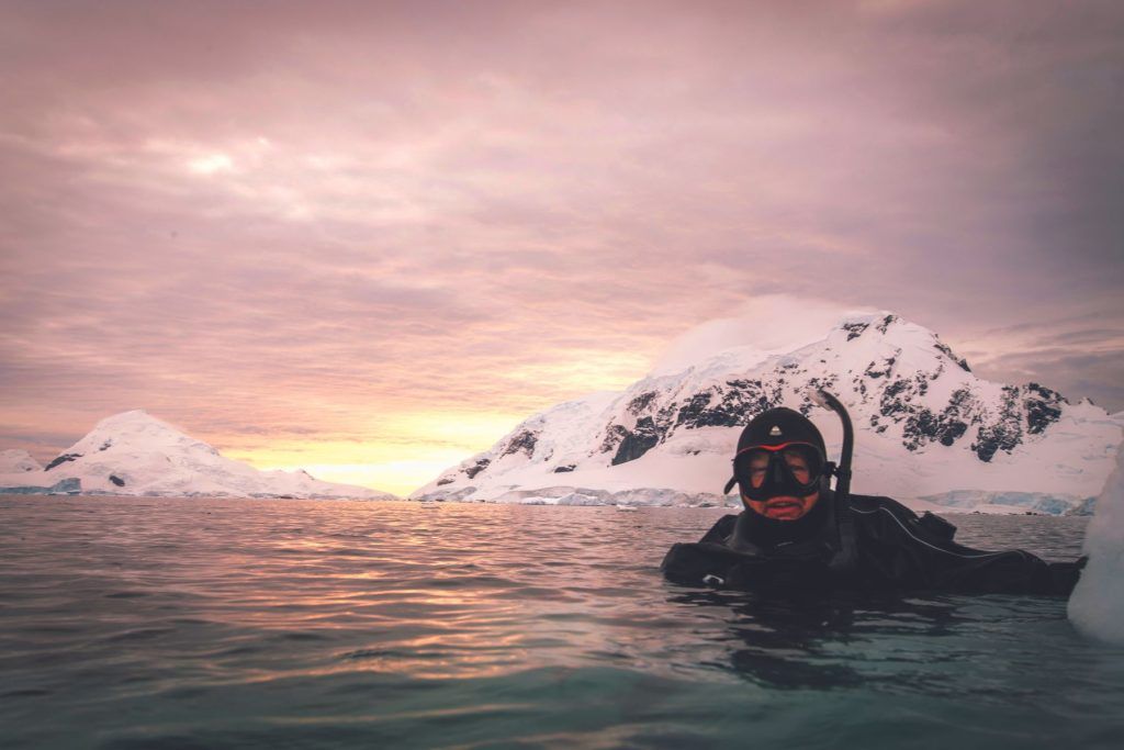 Snorkelling at sunset, Antarctica