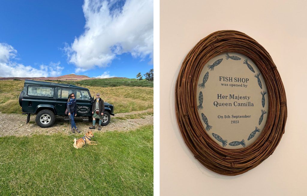 Chris’s wife, Andrew from The Fife Arms and Toffee, Up in the hills (left) and the fish shop in Ballater (righ). Photos by Chris Dwyer 