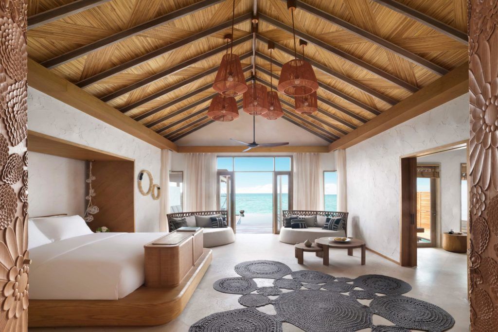 Grand Water Sunset Villa Bedroom at Fairmont Sirru Fen Fushi, one of the most eco- friendly resorts in the Maldives