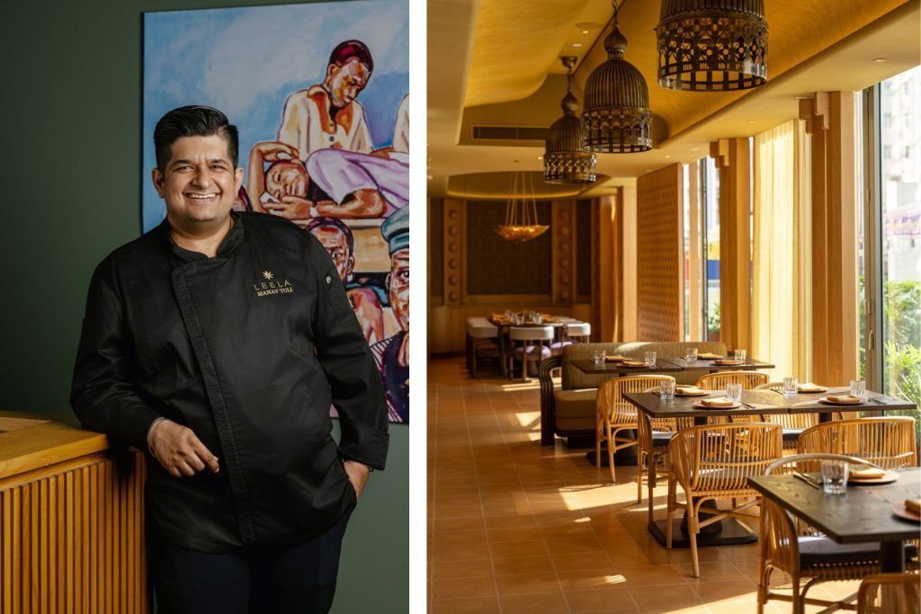 FROM LEFT: Chef Manav Tuli; interiors by lauded designer Andre Fu. Courtesy of Leela