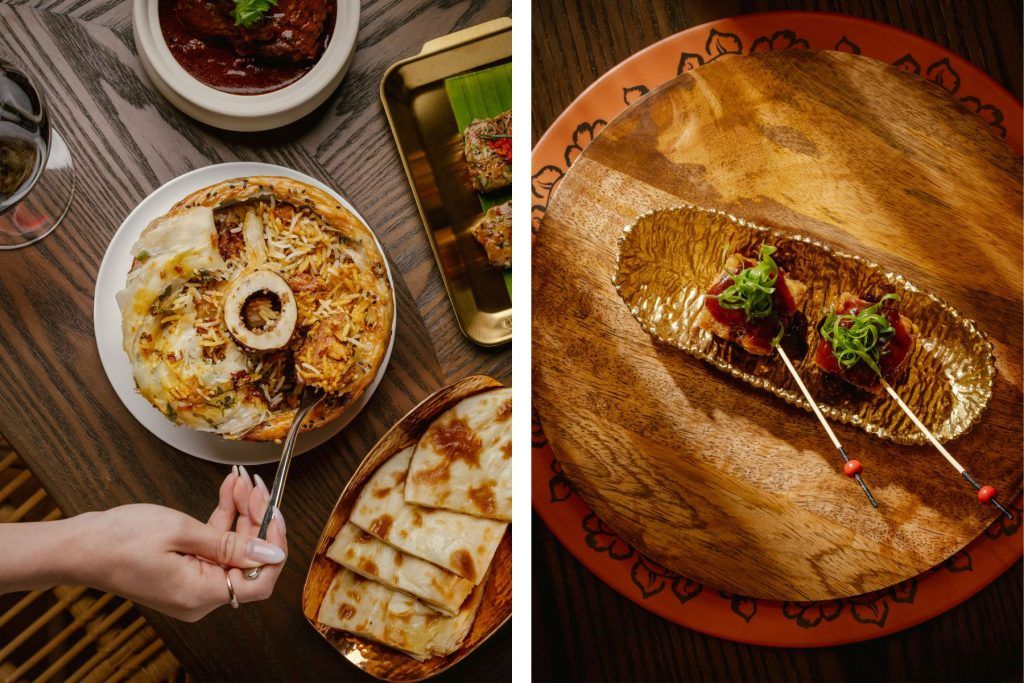 FROM LEFT: Bone marrow biryani; boneless masala chicken wings. Courtesy of Leela