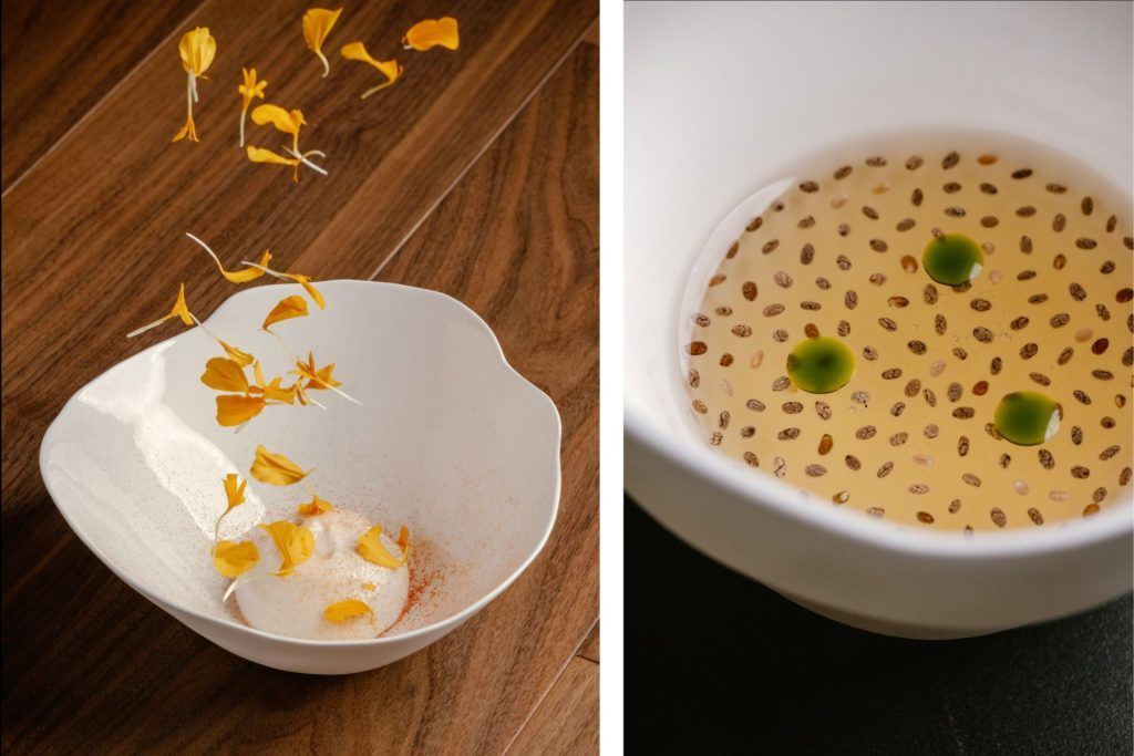 FROM LEFT: Chia Seeds – Lemon Tree Kombucha; Tomato – Longan - Marigold. Courtesy of Feuille