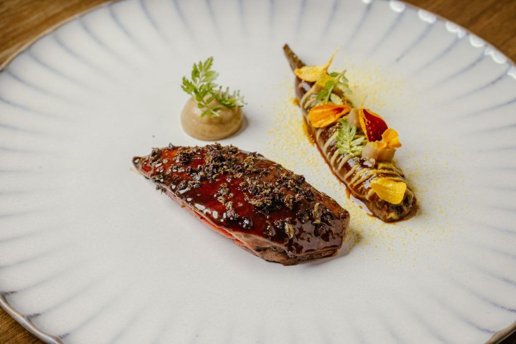 Pigeon, Eggplant, Liquorice, Olives. Courtesy of Racines