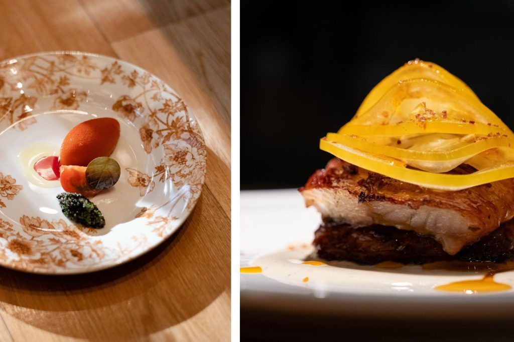 FROM LEFT: Liver with Japanese Fruit Tomato, Banyuls Vinegar – Sesame Semolina Sourdough; Grilled Eel with Shiokara, Tomato – Parmigiano Reggiano. Courtesy of Dolos