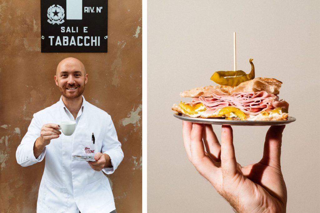 FROM LEFT: Mixologist Lorenzo Antinori with a quick espresso; the terrific mortadella sandwich. Courtesy of Bar Leone