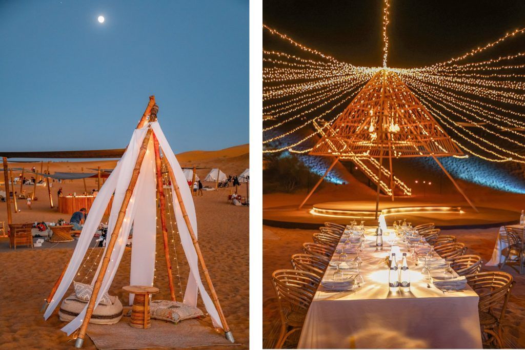 Fairy-lit tables and poufs at Sonara Camp.