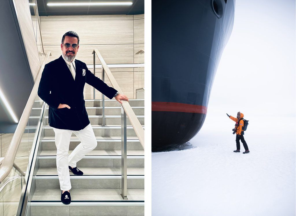 The author dresses for the ship's Blanc et Noir soiree (left) and passenger exploring the ice, photo by Julien Fabro (right)