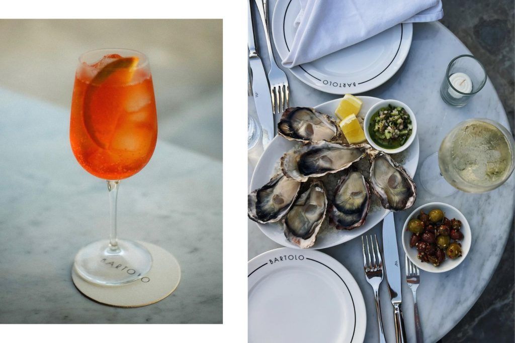 Bartolo Spritz served on tap; dozen oysters + champagne