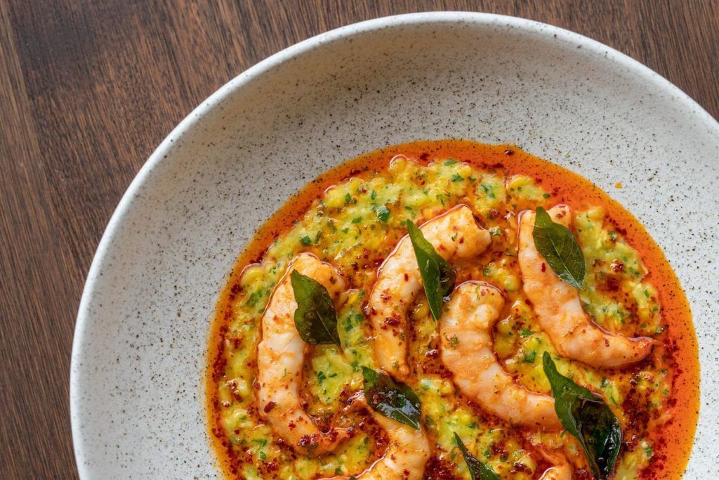 Prawn, warm polenta, espelette, lime at Bar Vera