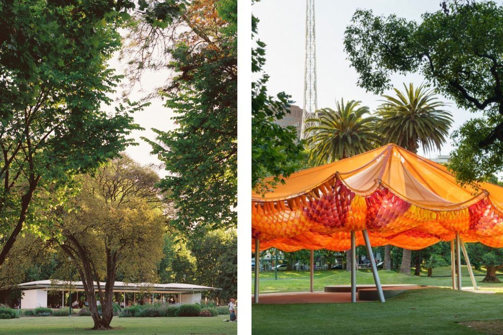 FROM LEFT: MPavilion 2019 by Glen Murcutt, photo by Rory Gardiner; MPavilion 2022 by Rachaporn Choochuey, photo byb John Gollings